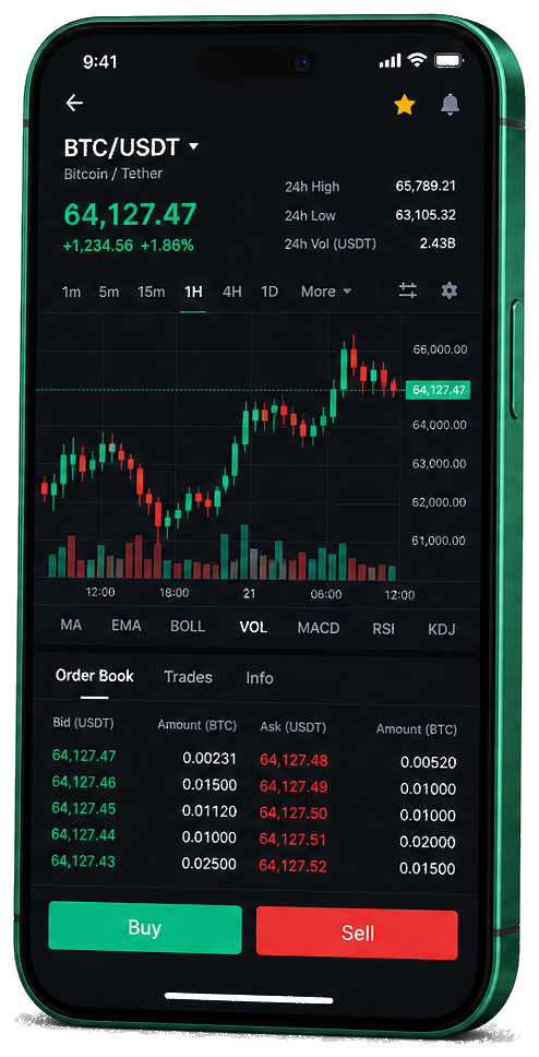 GiustoWex piattaforma di trading mobile: grafico BTC/USDT in tempo reale, registro ordini e interfaccia di acquisto/vendita